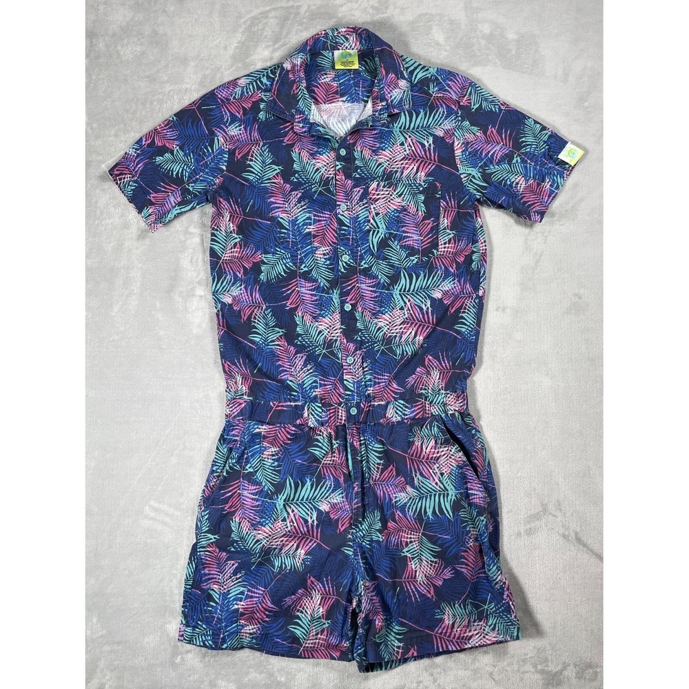 Zesties Romper Men M Blue Pink Tropical Palm Leaf Short Sleeve Jumpsuit